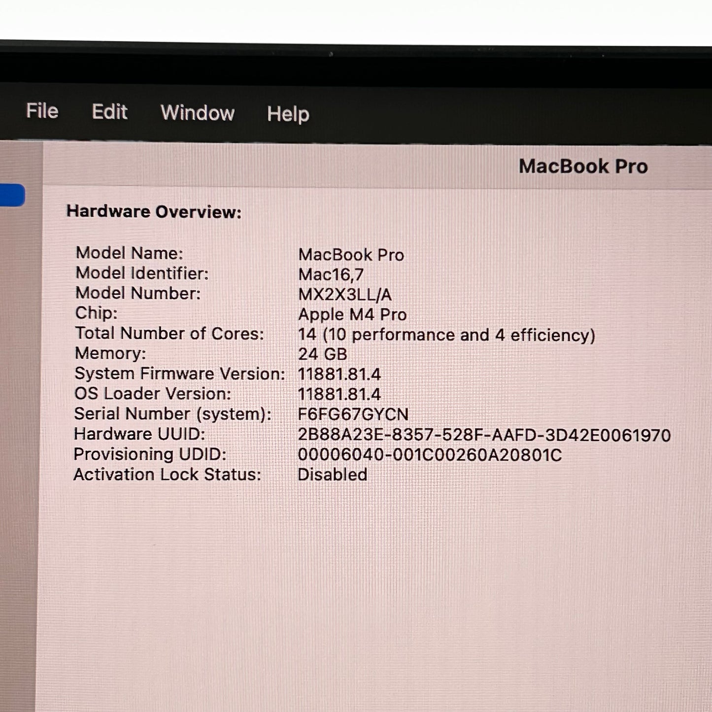 2024 Apple MacBook Pro 16" M4 Pro 20C GPU 4.5GHz 24GB RAM 512GB SSD MX2X3LL/A