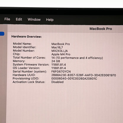 2024 Apple MacBook Pro 16" M4 Pro 20C GPU 4.5GHz 24GB RAM 512GB SSD MX2X3LL/A