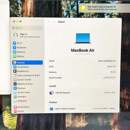 2025 Apple MacBook Air 15" M4 10 Core 4.5GHz 16GB RAM 256GB SSD A3241