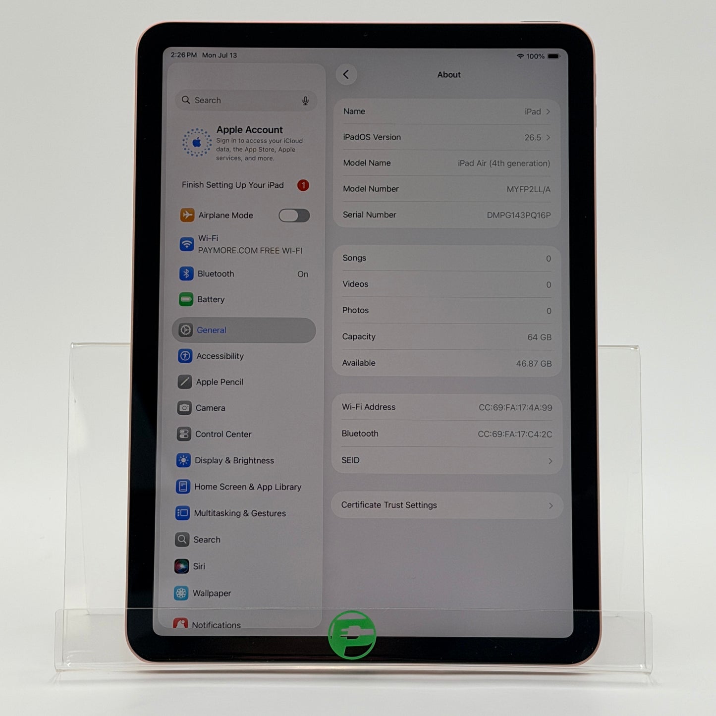 WiFi Only Apple iPad Air 4th Gen 64GB Gold MYFP2LL/A