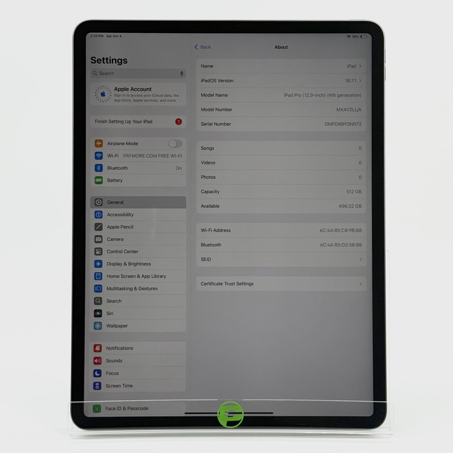 WiFi Only Apple iPad Pro 12.9" 4th Gen 512GB Space gray MXAV2LL/A