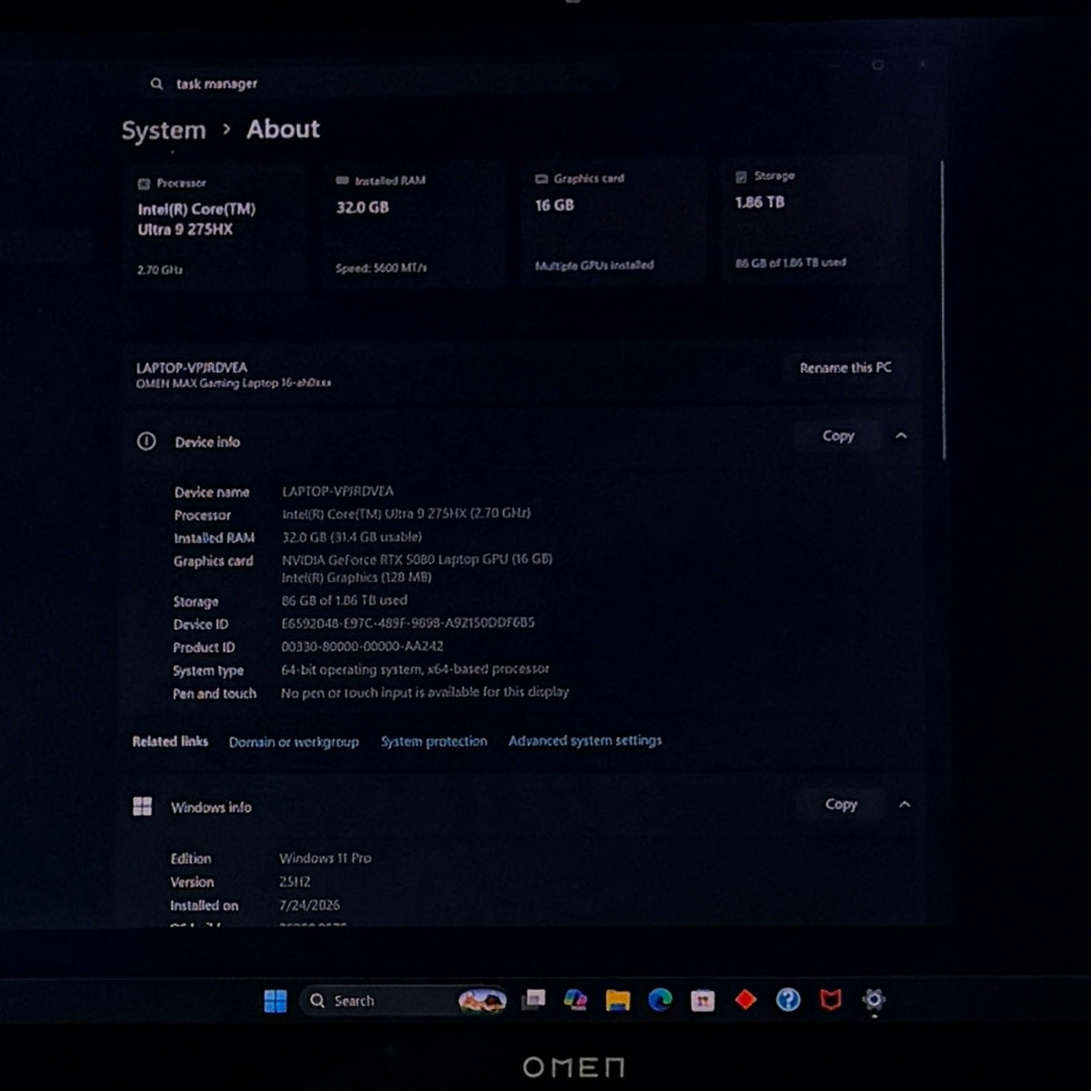 HP Omen Max 16-ah0043dx 16" Core Ultra 9 275HX 32GB RAM 2TB SSD GeForce RTX 5080