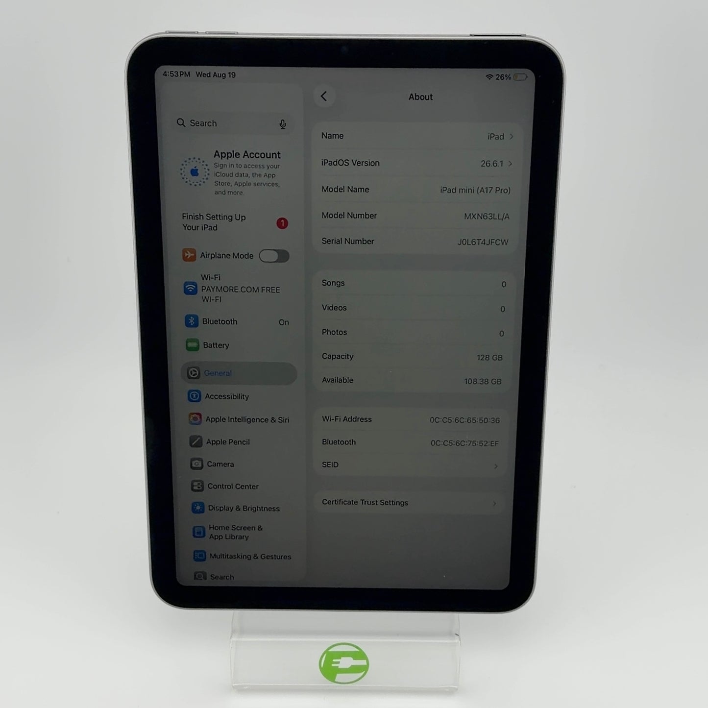 WiFi Only Apple iPad Mini (A17 Pro) 128GB Space Gray MXN63LL/A