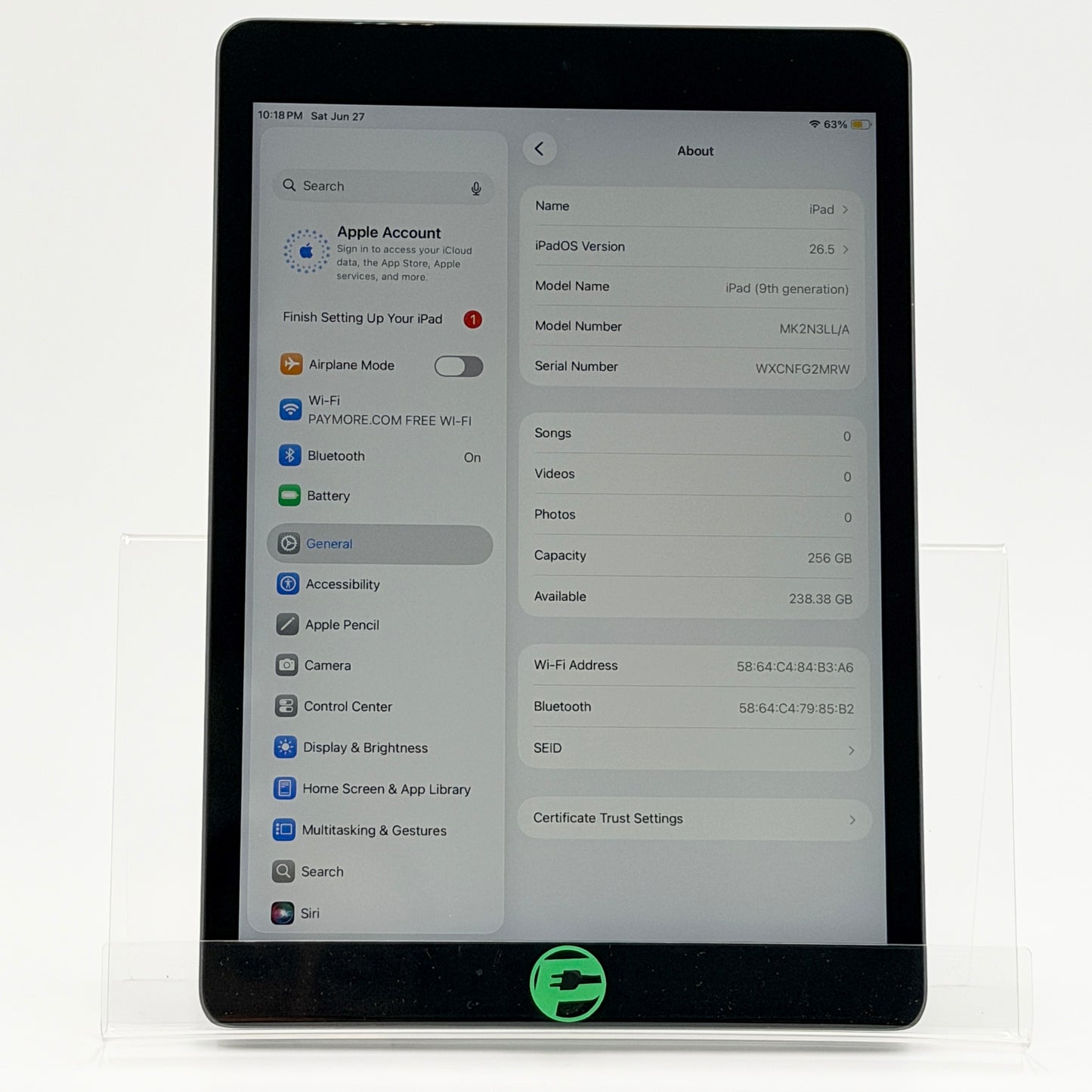 WiFi Only Apple iPad 9th Gen 256GB Space Gray MK2N3LL/A